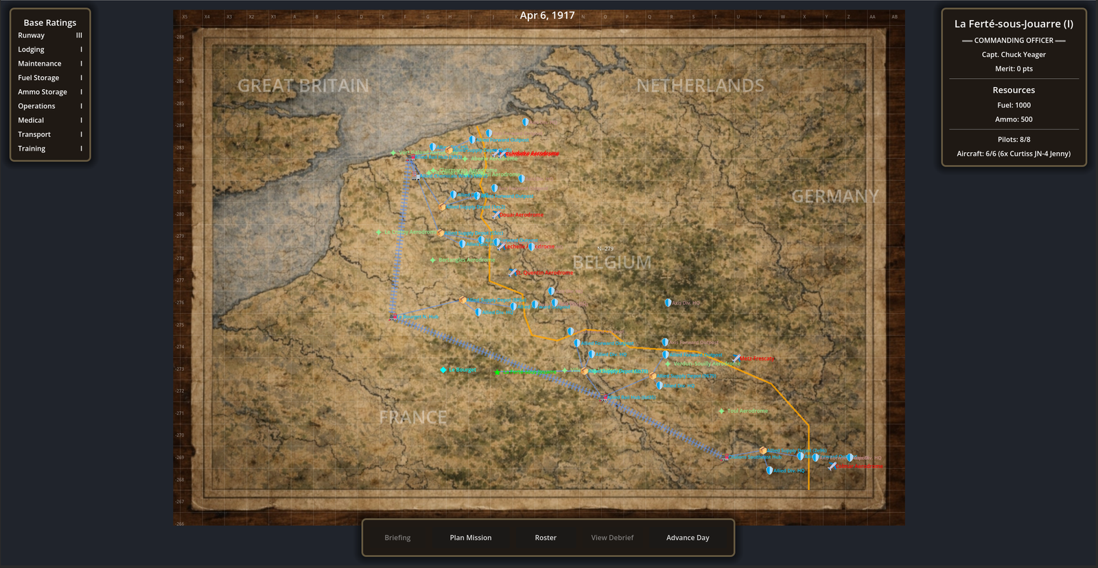 Bases of Aces command map with frontlines, supply routes, and strategic nodes