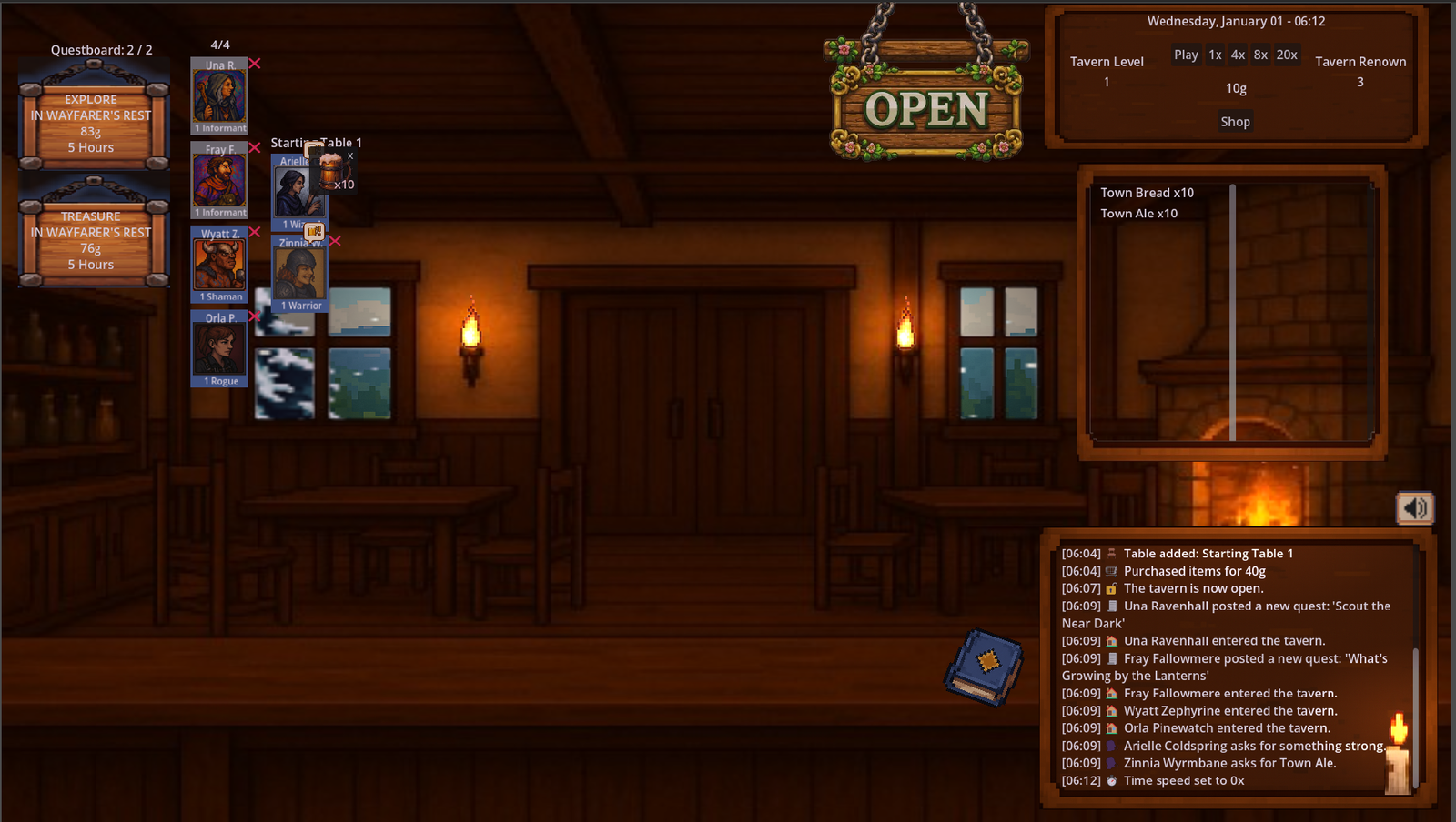 Tavern gameplay with guests on the floor